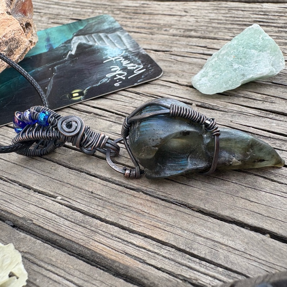 Men’s Wire Wrapped Blue Labradorite Raven Crow Skull Necklace